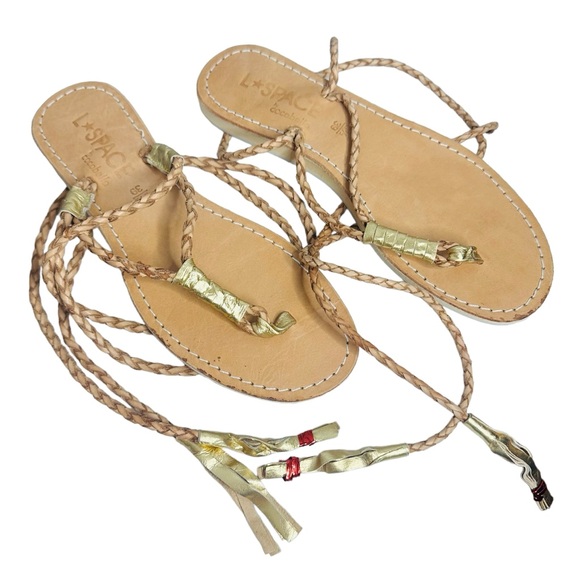 L*SPACE by Cocobelle Gili Long Wrap Gladiator Braid Sandal in Tan & Gold - Picture 2 of 10